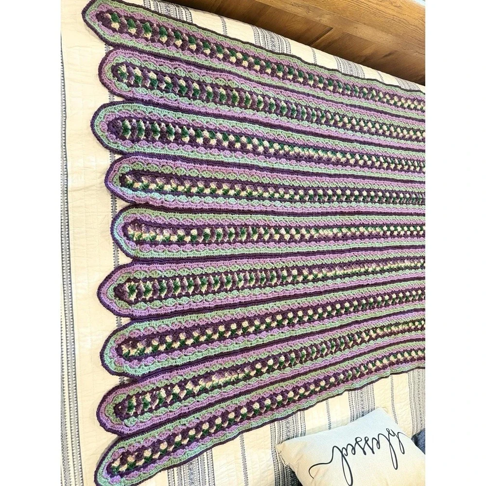 Crocheted Afghan Purple Green Cream Mile A Minute Pattern Handmade Grannycore